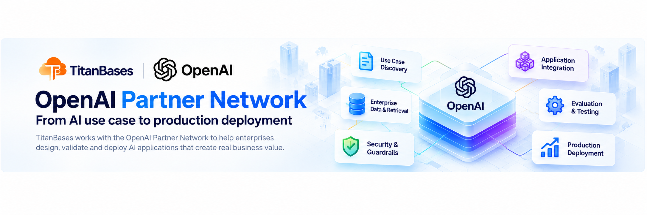 TitanBases and OpenAI Partner Network enterprise AI workflow from use-case discovery to application integration, evaluation, security and production deployment.